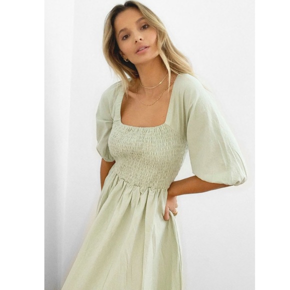 NWT | Nasty Gal Square Neck Puff Sleeve Maxi Dress Slit Shirred Bust Mint Green - Picture 2 of 10